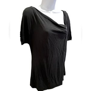 New York & Company Top Black Short Sleeves Stretchy Asymmetrical Neckline Size M